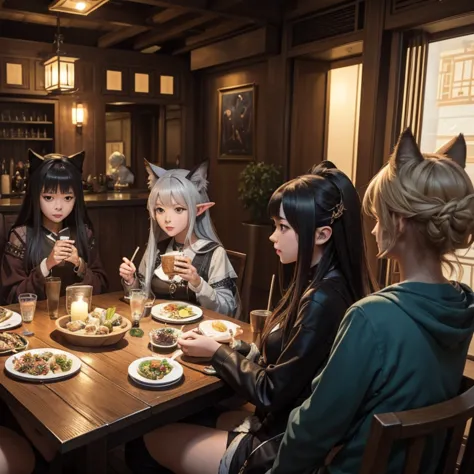 a group of anime characters and various anthropomorphic animals, including cat girls, wolf girls, elves, and robots, are sitting...