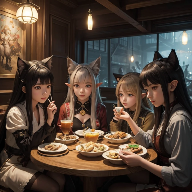 Um grupo de personagens de anime e vários animais antropomórficos, incluindo garotas gatas, meninas lobo, elfos, E robôs, estão sentados ao redor da mesa.，desfrutar de comidas e bebidas，A atmosfera é animada e animada。Os papéis têm（olhos lindos e delicados，Lábios lindos e delicados，olhos e rosto extremamente detalhados，cílios longos）。Eles são retratados no estilo popular de anime，Situado em um ambiente sobrenatural com elementos de fantasia。A cena lembra um still da série de anime de TV，Captura momentos da vida cotidiana no mundo da animação。 Esta obra de arte tem（alta qualidade：1.2、Resolução 4k、realista），Apresentando visuais ultra-detalhados，Exibe design complexo de personagens e ambientes。A iluminação é cuidadosamente projetada，cores brilhantes，O foco é claro，Crie uma atmosfera de estúdio。Texturas de cena ricas，mostrando ilustrações tradicionais、pintura a óleo、Renderização 3D、O uso de vários materiais, como tecnologia fotográfica。 Existem todos os tipos de comida deliciosa em torno dos personagens（comida temática de anime：1.1、sobremesas de dar água na boca、bebidas exclusivas），Crie uma atmosfera ativa。A comida é intrinsecamente detalhada，Demonstra o artista&#39;atenção aos detalhes na criação de pratos apetitosos e visualmente atraentes。A cena lembra uma reunião festiva，Destaque a alegria de compartilhar comida e companheirismo。 A composição e enquadramento da obra de arte captam a essência do gênero anime，A ênfase está na interação dos personagens e nas poses dinâmicas。Cada personagem&#39;A personalidade transparece em suas expressões、poses e desfile de roupas，Adiciona profundidade e complexidade às cenas。o fundo retrata um ambiente de outro mundo, os elementos são inspirados em fantasia e aventura。 （arte conceitual：1.1、paisagem、Retrato）O uso da tecnologia adiciona profundidade e dimensão à obra de arte geral。 