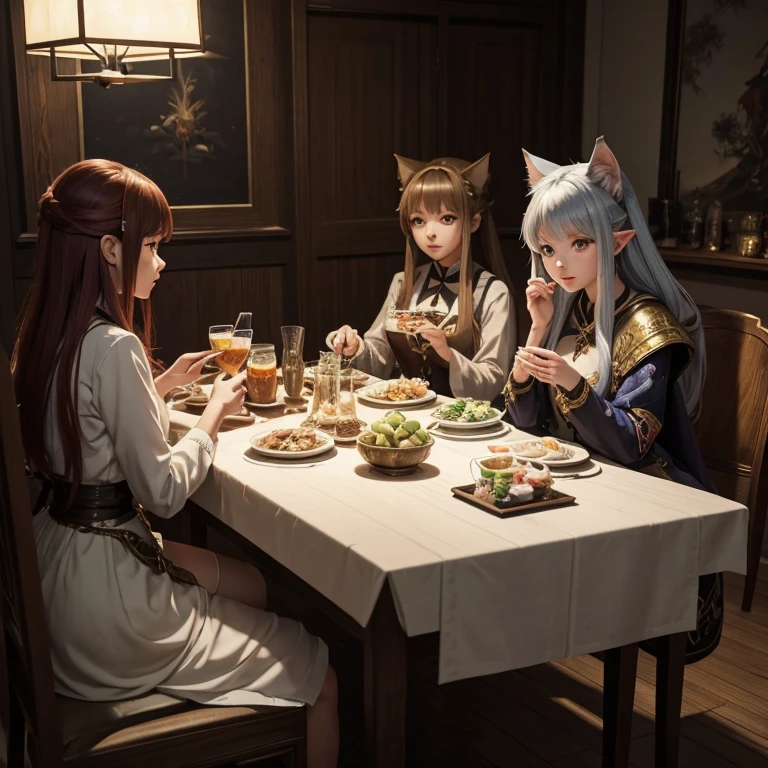 A group of anime characters and various anthropomorphic animals, including cat girls, wolf girls, elves, and robots, are sitting around the table.，Enjoying food and drinks，The atmosphere is lively and lively。The roles have（Beautiful and delicate eyes，Beautiful and delicate lips，Extremely detailed eyes and face，Long eyelashes）。They are depicted in popular anime style，Set in an otherworldly environment with fantasy elements。The scene resembles a still from the TV anime series，Captures moments of everyday life in the world of animation。 This work of art has（high quality：1.2、4k resolution、lifelike），Featuring ultra-detailed visuals，Exhibits complex design of characters and environments。Lighting is carefully designed，Bright colors，Focus is clear，Create a studio-like atmosphere。Rich scene textures，showing traditional illustrations、oil painting、3D Rendering、The use of various materials such as photography technology。 There are all kinds of delicious food around the characters（anime themed food：1.1、Mouthwatering desserts、unique drinks），Create an active atmosphere。The food is intricately detailed，Demonstrates the artist&#39;s attention to detail in creating appetizing and visually appealing dishes。The scene is reminiscent of a festive gathering，Highlight the joy of sharing food and companionship。 The composition and framing of the artwork captures the essence of the anime genre，Emphasis is on character interaction and dynamic poses。Each character&#39;s personality comes through in their expressions、poses and clothing show，Adds depth and complexity to scenes。the background depicts an otherworldly environmen elements are inspired by fantasy and adventure。 （concept art：1.1、landscape、portrait）The use of technology adds depth and dimension to the overall artwork。 