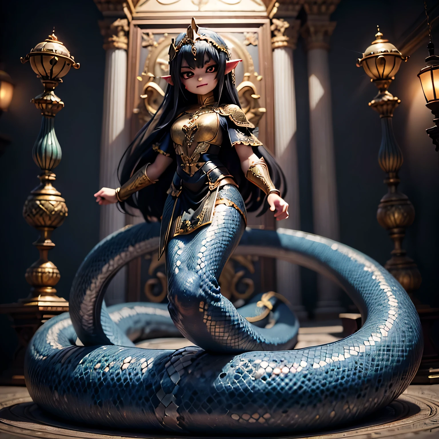 Lamia princes\(cute,kawaii,age of 10,Geeky feel,Black Scales,Arrogant and sharp gaze,Intimidating posture,Blue pattern on the scales,long fluffy black hair,Gold Chain Mail,bracelet,arrogant stance,evil smile,Barbaric style,dynamic pose,lower body snake\), BREAK ,background\(inside beautiful palace,glorious throne,throne room,golden light\)Dark fantasy,dynamic wide view,full body,High angle,quality\(8k,wallpaper of extremely detailed CG unit, ​masterpiece,hight resolution,top-quality,top-quality real texture skin,hyper realisitic,increase the resolution,RAW photos,best qualtiy,highly detailed,the wallpaper,cinematic lighting,ray trace,golden ratio,\),dynamic angle,[nsfw:2.0],close up,snake