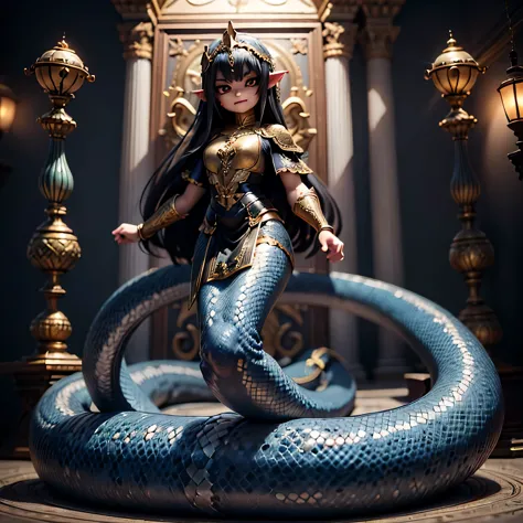 Lamia princes\(cute,kawaii,age of 10,Geeky feel,Black Scales,Arrogant and sharp gaze,Intimidating posture,Blue pattern on the sc...