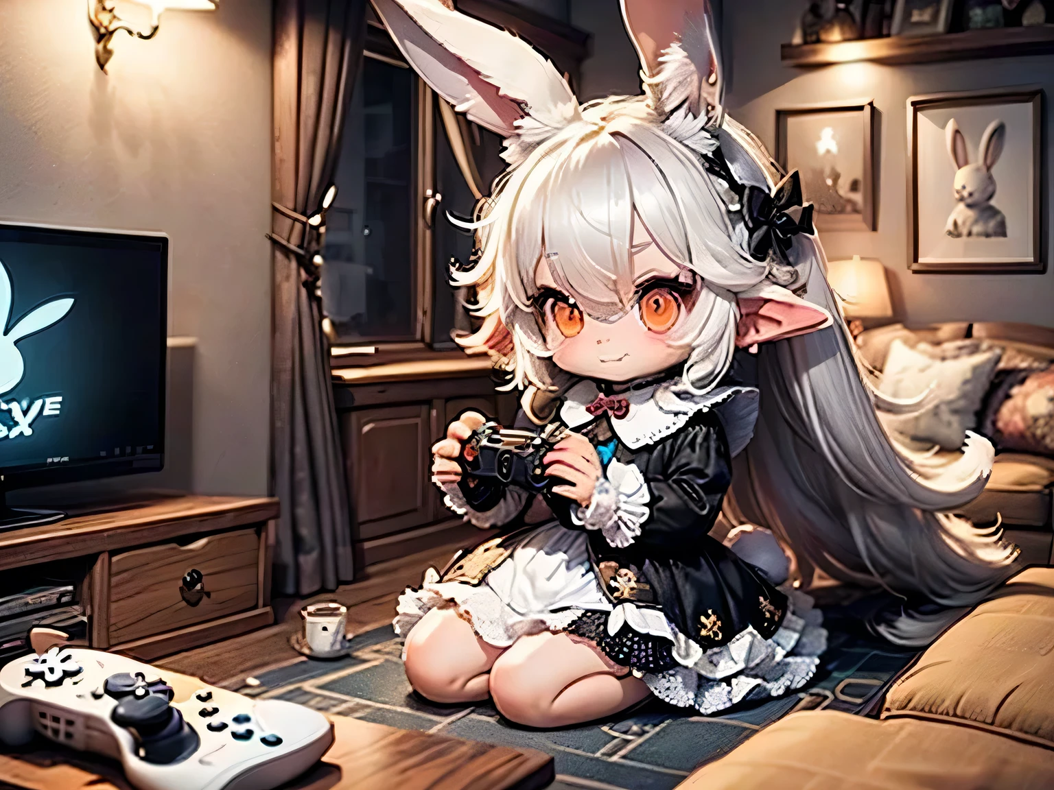 solo,1girl\((chibi:1.6),cute,kawaii,small kid,(white hair:1.7),(very long hair:1.7),bangs,(ear\(fluffy white bunny-ear\):1.4),(1 bunny tail:1.3),(red eye),big eye,beautiful shiny eye,skin color white,big hairbow,(white frilled dress:1.3),breast,playing old video game,(holding game controller),concentrate to video game,facing toward tv,sitting on floor,looking away\), BREAK ,background\(inside, tiny gothic room,video game on TV,video game console,game controller,nintendo,playstation\), quality\(8k,wallpaper of extremely detailed CG unit, ​masterpiece,hight resolution,top-quality,top-quality real texture skin,hyper realisitic,increase the resolution,RAW photos,best qualtiy,highly detailed,the wallpaper,golden ratio\), BREAK , (from back:0.9),(better hands),[rabbit:0.1],(better legs),5fingers each hand,game on TV,red eye