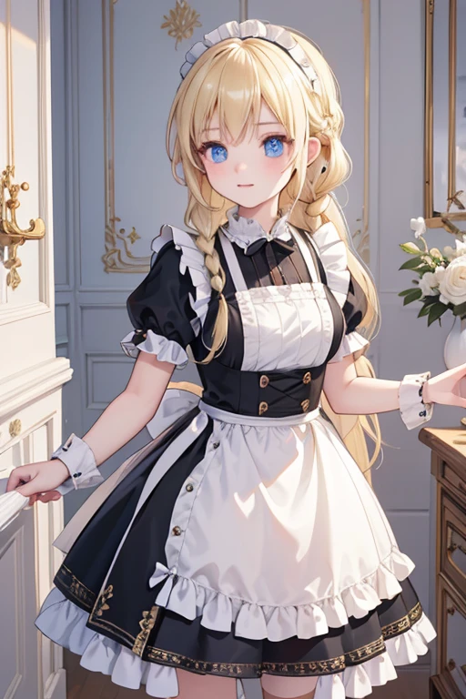 (8k, highest quality, Tabletop:1.2)、Rococo, Ultra-high resolution、One 18-year-old girl, Perfect Fingers, Detailed face, blue eyes, Blonde, Braid, Black maid outfit,  Inside the castle, Cleaning the entrance