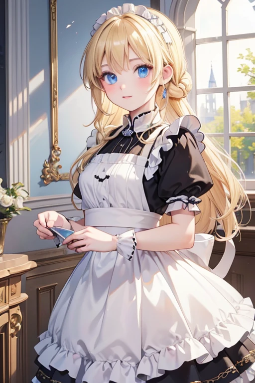 (8k, highest quality, Tabletop:1.2)、Rococo, Ultra-high resolution、One 18-year-old girl, Perfect Fingers, Detailed face, blue eyes, Blonde, Braid, Black maid outfit,  Inside the castle, Cleaning the entrance
