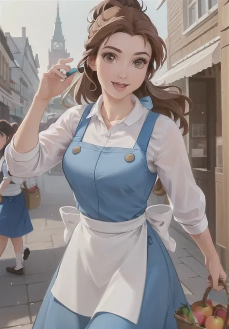 (BelleWaifu:1), smile, cute, cute pose, looking at viewer, thick thighs, (blue dress, apron:1.2), (hair bun, hair bow), :D, hold...