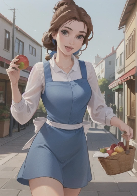 (BelleWaifu:1), smile, cute, cute pose, looking at viewer, thick thighs, (blue dress, apron:1.2), (hair bun, hair bow), :D, holding a basket, walking,

(realistic:1.2), (realism), (masterpiece:1.2), (best quality), (ultra detailed), (8k, 4k, intricate),(full-body-shot:1),(Cowboy-shot:1.2), (85mm),light particles, lighting, (highly detailed:1.2),(detailed face:1.2), (gradients), sfw, colorful,(detailed eyes:1.2),

(detailed ladscape, old town, buildings, shop, fruits:1.2),(detailed background),detailed landscape, (dynamic angle:1.2), (dynamic pose:1.2), (rule of third_composition:1.3), (Line of action:1.2), wide shot, daylight, solo,

 