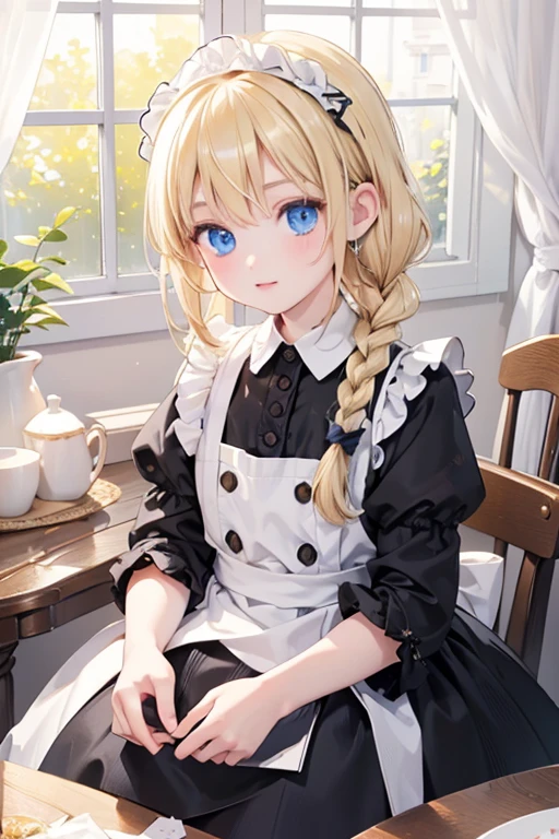 (8k, highest quality, Tabletop:1.2)、Ultra-high resolution、One 7-year-old girl, Perfect Fingers, Detailed face, blue eyes, Blonde, Braid, Black maid outfit,  Inside the castle, Washing