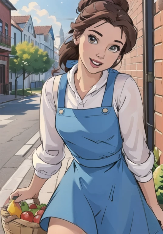 (BelleWaifu:1), smile, cute, cute pose, looking at viewer, thick thighs, (blue dress, apron:1.2), (hair bun, hair bow), :D, holding a basket, walking,

(realistic:1.2), (realism), (masterpiece:1.2), (best quality), (ultra detailed), (8k, 4k, intricate),(full-body-shot:1),(Cowboy-shot:1.2), (85mm),light particles, lighting, (highly detailed:1.2),(detailed face:1.2), (gradients), sfw, colorful,(detailed eyes:1.2),

(detailed ladscape, old town, buildings, shop, fruits:1.2),(detailed background),detailed landscape, (dynamic angle:1.2), (dynamic pose:1.2), (rule of third_composition:1.3), (Line of action:1.2), wide shot, daylight, solo,
Spread legs, pussy, pussy juice, 
 