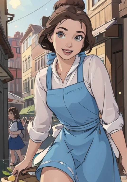 (BelleWaifu:1), smile, cute, cute pose, looking at viewer, thick thighs, (blue dress, apron:1.2), (hair bun, hair bow), :D, holding a basket, walking,

(realistic:1.2), (realism), (masterpiece:1.2), (best quality), (ultra detailed), (8k, 4k, intricate),(full-body-shot:1),(Cowboy-shot:1.2), (85mm),light particles, lighting, (highly detailed:1.2),(detailed face:1.2), (gradients), sfw, colorful,(detailed eyes:1.2),

(detailed ladscape, old town, buildings, shop, fruits:1.2),(detailed background),detailed landscape, (dynamic angle:1.2), (dynamic pose:1.2), (rule of third_composition:1.3), (Line of action:1.2), wide shot, daylight, solo,
Spread legs, pussy, pussy juice, 
 