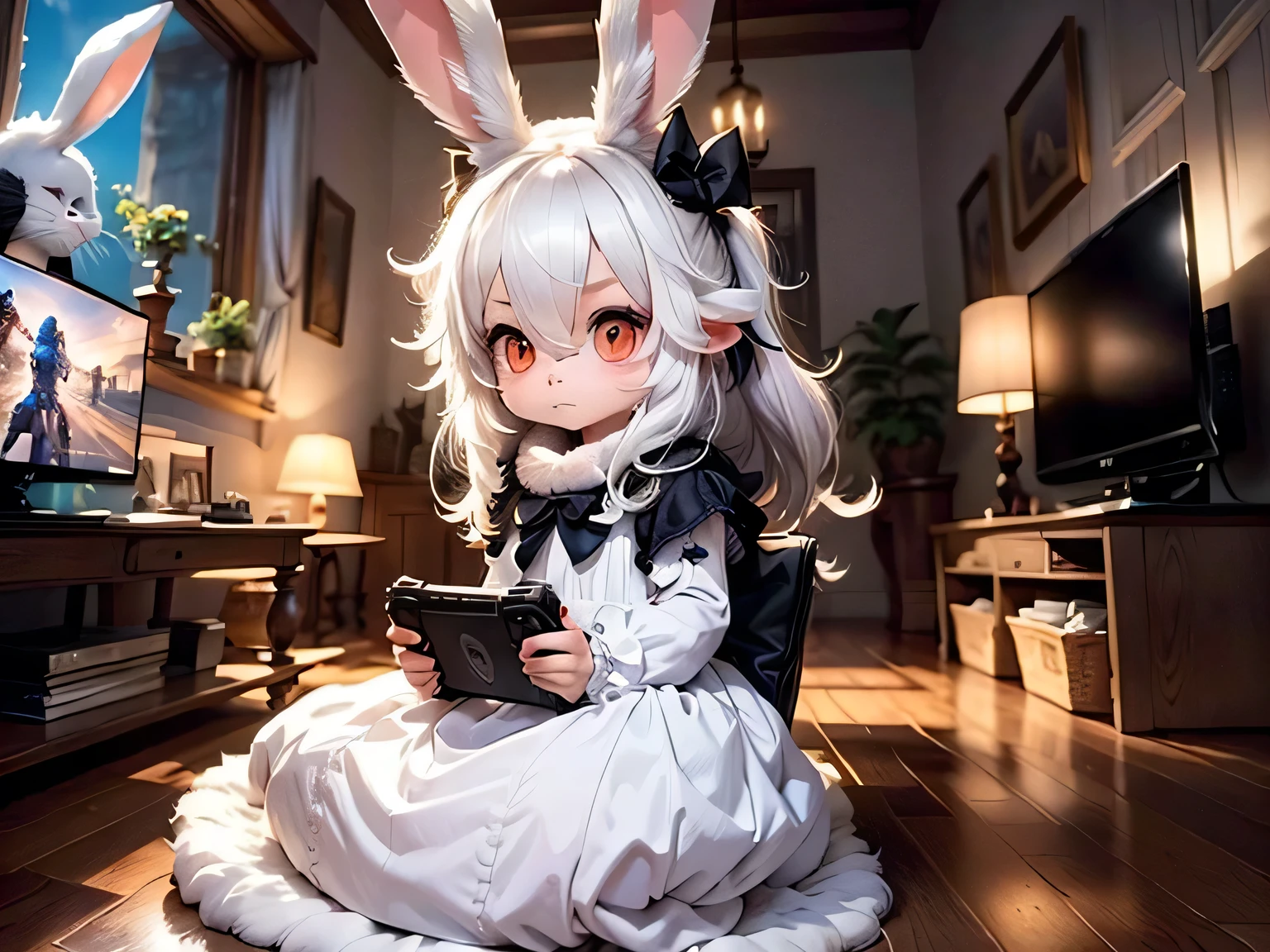 solo,1girl\((chibi:1.6),cute,kawaii,small kid,(white hair:1.7),(very long hair:1.7),bangs,(ear\(fluffy white bunny-ear\):1.4),(1 bunny tail:1.3),(red eye),big eye,beautiful shiny eye,skin color white,big hairbow,(white frilled dress:1.3),breast,playing old video game,(holding game controller),concentrate to video game,facing toward tv,sitting on floor,looking away\), BREAK ,background\(inside, tiny gothic room,video game on TV,video game console,game controller,nintendo,playstation\), quality\(8k,wallpaper of extremely detailed CG unit, ​masterpiece,hight resolution,top-quality,top-quality real texture skin,hyper realisitic,increase the resolution,RAW photos,best qualtiy,highly detailed,the wallpaper,golden ratio\), BREAK , (from back:0.9),(better hands),[rabbit:0.1],(better legs),5fingers each hand,game on TV,red eye