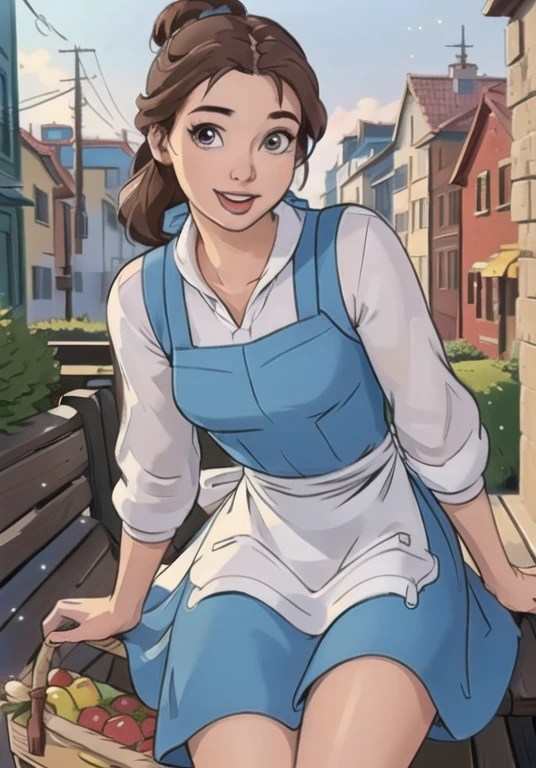 (BelleWaifu:1), smile, cute, cute pose, looking at viewer, thick thighs, (blue dress, apron:1.2), (hair bun, hair bow), :D, holding a basket, walking,

(realistic:1.2), (realism), (masterpiece:1.2), (best quality), (ultra detailed), (8k, 4k, intricate),(full-body-shot:1),(Cowboy-shot:1.2), (85mm),light particles, lighting, (highly detailed:1.2),(detailed face:1.2), (gradients), sfw, colorful,(detailed eyes:1.2),

(detailed ladscape, old town, buildings, shop, fruits:1.2),(detailed background),detailed landscape, (dynamic angle:1.2), (rule of third_composition:1.3), (Line of action:1.2), wide shot, daylight, solo,
Sitting on bench, Spread legs, pussy, pussy juice, 
 