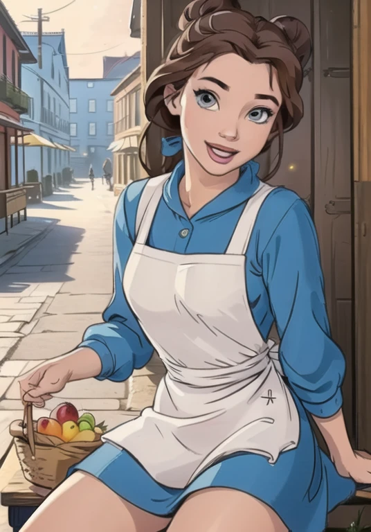 (BelleWaifu:1), smile, cute, cute pose, looking at viewer, thick thighs, (blue dress, apron:1.2), (hair bun, hair bow), :D, holding a basket, walking,

(realistic:1.2), (realism), (masterpiece:1.2), (best quality), (ultra detailed), (8k, 4k, intricate),(full-body-shot:1),(Cowboy-shot:1.2), (85mm),light particles, lighting, (highly detailed:1.2),(detailed face:1.2), (gradients), sfw, colorful,(detailed eyes:1.2),

(detailed ladscape, old town, buildings, shop, fruits:1.2),(detailed background),detailed landscape, (dynamic angle:1.2), (rule of third_composition:1.3), (Line of action:1.2), wide shot, daylight, solo,
Sitting on bench, Spread legs, pussy, pussy juice, 
 