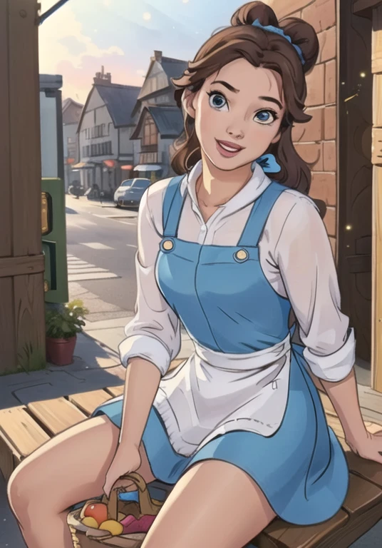 (BelleWaifu:1), smile, cute, cute pose, looking at viewer, thick thighs, (blue dress, apron:1.2), (hair bun, hair bow), :D, holding a basket, walking,

(realistic:1.2), (realism), (masterpiece:1.2), (best quality), (ultra detailed), (8k, 4k, intricate),(full-body-shot:1),(Cowboy-shot:1.2), (85mm),light particles, lighting, (highly detailed:1.2),(detailed face:1.2), (gradients), sfw, colorful,(detailed eyes:1.2),

(detailed ladscape, old town, buildings, shop, fruits:1.2),(detailed background),detailed landscape, (dynamic angle:1.2), (rule of third_composition:1.3), (Line of action:1.2), wide shot, daylight, solo,
Sitting on bench, Spread legs, pussy, pussy juice, 
 