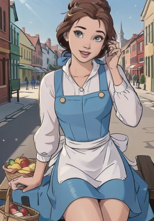 (BelleWaifu:1), smile, cute, cute pose, looking at viewer, thick thighs, (blue dress, apron:1.2), (hair bun, hair bow), :D, holding a basket, walking,

(realistic:1.2), (realism), (masterpiece:1.2), (best quality), (ultra detailed), (8k, 4k, intricate),(full-body-shot:1),(Cowboy-shot:1.2), (85mm),light particles, lighting, (highly detailed:1.2),(detailed face:1.2), (gradients), sfw, colorful,(detailed eyes:1.2),

(detailed ladscape, old town, buildings, shop, fruits:1.2),(detailed background),detailed landscape, (dynamic angle:1.2), (rule of third_composition:1.3), (Line of action:1.2), wide shot, daylight, solo,
Sitting on bench, Spread legs, pussy, pussy juice, 
 