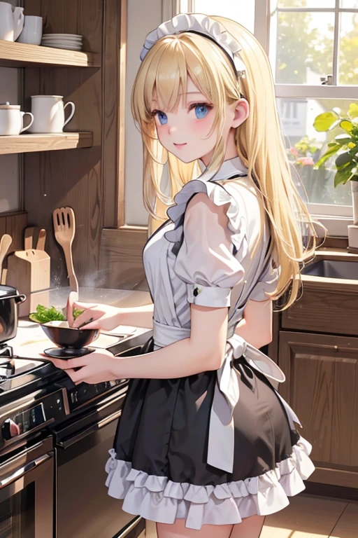 (8k, highest quality, Tabletop:1.2)、Ultra-high resolution、3 maid girls, 16～18-year-old, Perfect Fingers, Detailed face, Blonde, Black maid outfit,  Inside the castle, kitchen, Cooking