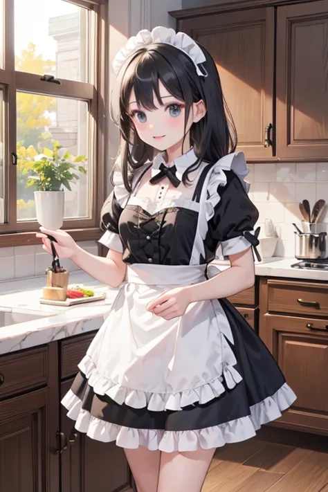 (8k, highest quality, Tabletop:1.2)、Ultra-high resolution、3 maid girls,  Black maid outfit,  Inside the castle, kitchen, Cooking