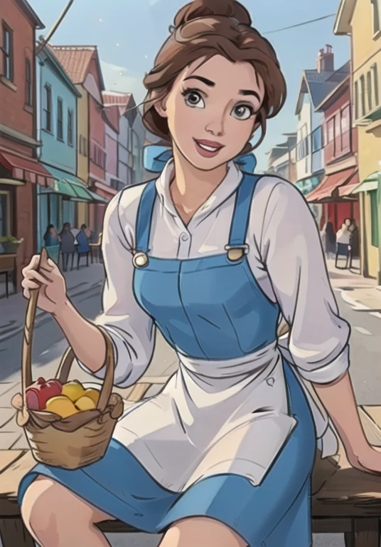 (BelleWaifu:1), smile, cute, cute pose, looking at viewer, thick thighs, (blue dress, apron:1.2), (hair bun, hair bow), :D, holding a basket,

(realistic:1.2), (realism), (masterpiece:1.2), (best quality), (ultra detailed), (8k, 4k, intricate),(full-body-shot:1),(Cowboy-shot:1.2), (85mm),light particles, lighting, (highly detailed:1.2),(detailed face:1.2), (gradients), sfw, colorful,(detailed eyes:1.2),

(detailed ladscape, old town, buildings, shop, fruits:1.2),(detailed background),detailed landscape, (dynamic angle:1.2), (rule of third_composition:1.3), (Line of action:1.2), wide shot, daylight, solo,
Sitting on bench, Spread legs, pussy, pussy juice, 
 