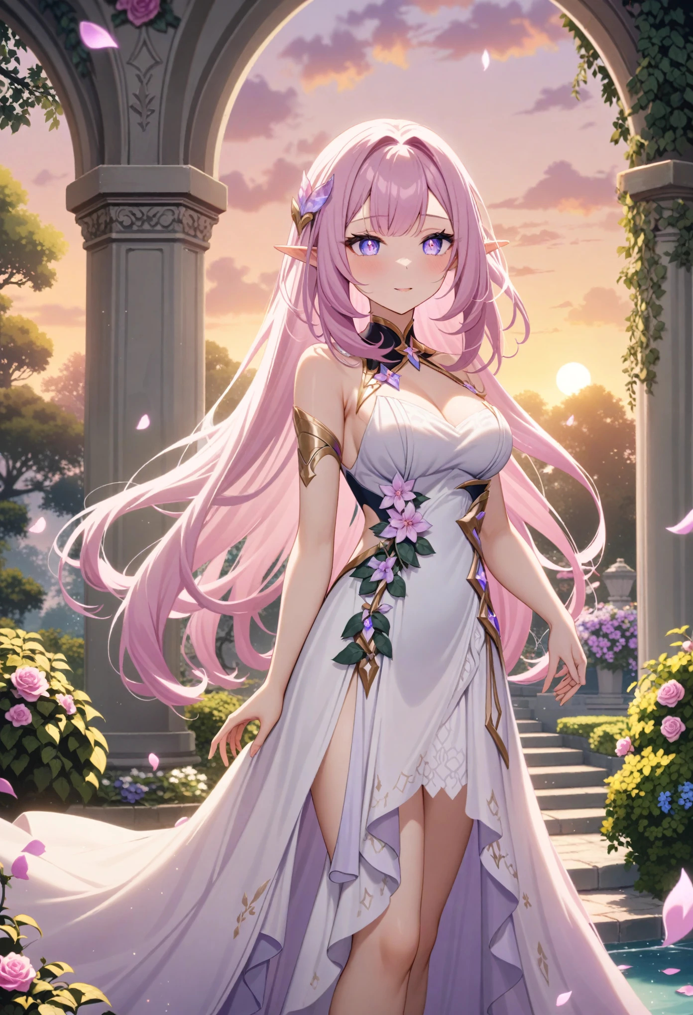 Masterpiece,very aesthetic,absurdres, newest, 1girl,elysia,solo,wearing white sleeveless wrap gown,very long pink hair,light purple eyes,pointed ears 
BREAK 
Dreamy outdoor scene of a beautiful garden with trailing ivy and stairs and trees,royal garden background,beautiful intricate anime scenery,peaceful pond with floating light particles,((stunning sunrise backdrop)),gorgeous fantasy aesthetic, 
BREAK 
elysian realm,iridescent crystal roses,floating petals
