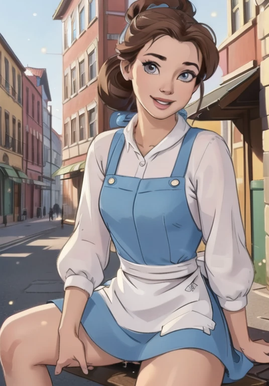(BelleWaifu:1), smile, cute, cute pose, looking at viewer, thick thighs, (blue dress, apron:1.2), (hair bun, hair bow), :D, 

(realistic:1.2), (realism), (masterpiece:1.2), (best quality), (ultra detailed), (8k, 4k, intricate),(full-body-shot:1), (85mm),light particles, lighting, (highly detailed:1.2),(detailed face:1.2), (gradients), sfw, colorful,(detailed eyes:1.2),

(detailed ladscape, old town, buildings, shop, fruits:1.2),(detailed background),detailed landscape, (dynamic angle:1.2), wide shot, daylight, solo,
Sitting on bench, Spread legs, pussy, pussy juice, 
 