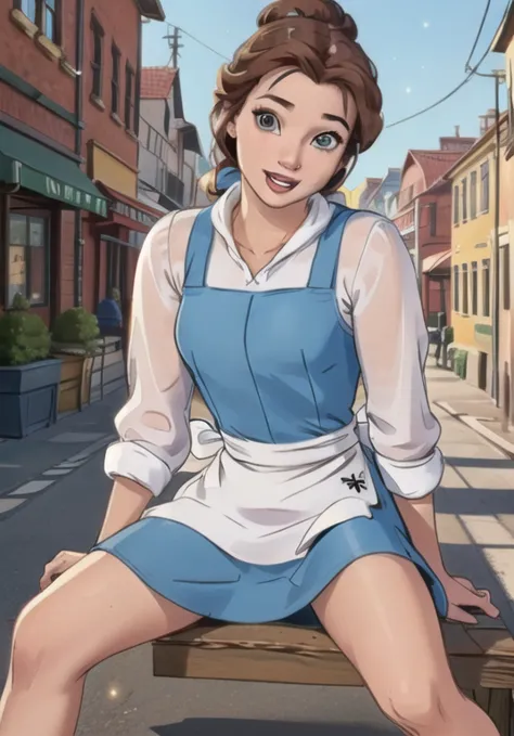 (BelleWaifu:1), smile, cute, cute pose, looking at viewer, thick thighs, (blue dress, apron:1.2), (hair bun, hair bow), :D, 

(r...