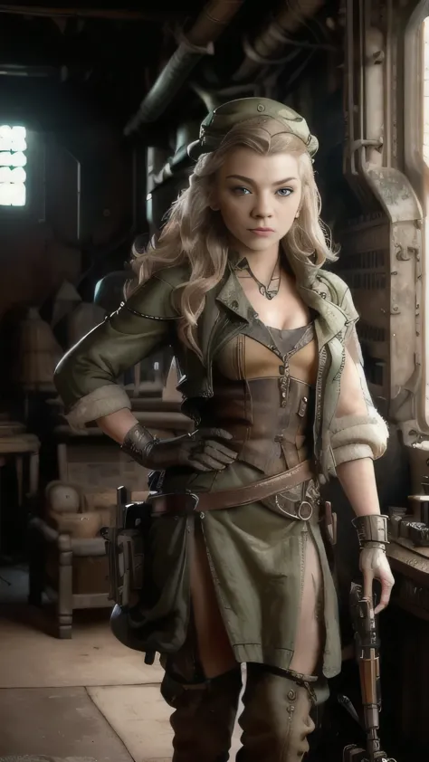 dieselpunkai, (natalie dormer) as margaery tyrell, green dieselpunk outfit, dieselpunk hat, standing, in a desert, (1woman), (so...