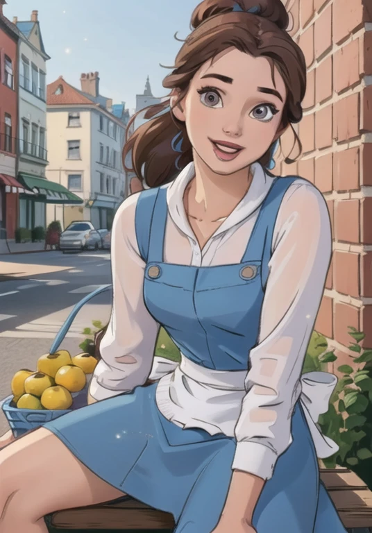 (BelleWaifu:1), smile, cute, looking at viewer, thick thighs, (blue dress, apron:1.2), (hair bun, hair bow), :D, 

(realistic:1.2), (realism), (masterpiece:1.2), (best quality), (ultra detailed), (8k, 4k, intricate),(full-body-shot:1), (85mm),light particles, lighting, (highly detailed:1.2),(detailed face:1.2), (gradients), sfw, colorful,(detailed eyes:1.2),

(detailed ladscape, old town, buildings, shop, fruits:1.2),(detailed background),detailed landscape, (dynamic angle:1.2), wide shot, daylight, solo,
Sitting on bench, Spread legs, pussy, pussy juice, skirt lift, shy, tongue, naked body 
 