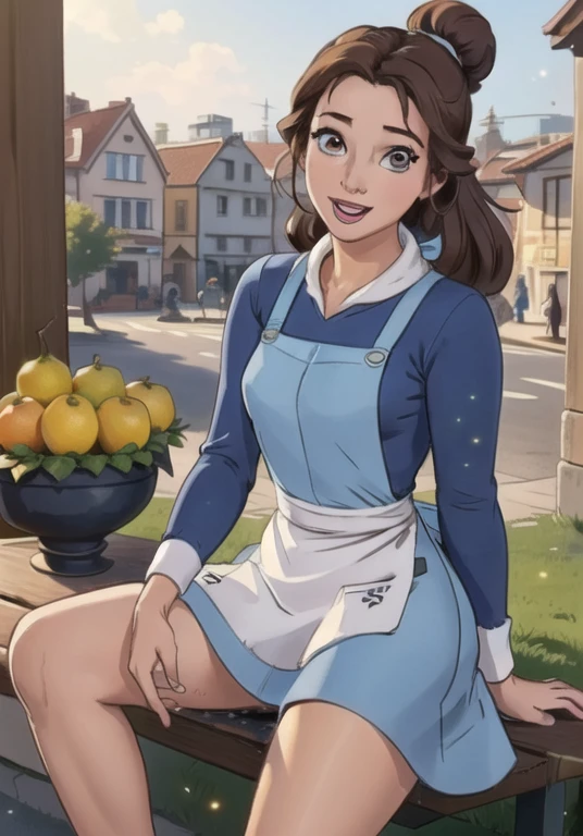 (BelleWaifu:1), smile, cute, looking at viewer, thick thighs, (blue dress, apron:1.2), (hair bun, hair bow), :D, 

(realistic:1.2), (realism), (masterpiece:1.2), (best quality), (ultra detailed), (8k, 4k, intricate),(full-body-shot:1), (85mm),light particles, lighting, (highly detailed:1.2),(detailed face:1.2), (gradients), sfw, colorful,(detailed eyes:1.2),

(detailed ladscape, old town, buildings, shop, fruits:1.2),(detailed background),detailed landscape, (dynamic angle:1.2), wide shot, daylight, solo,
Sitting on bench, Spread legs, pussy, pussy juice, skirt lift, shy, tongue, naked body 
 