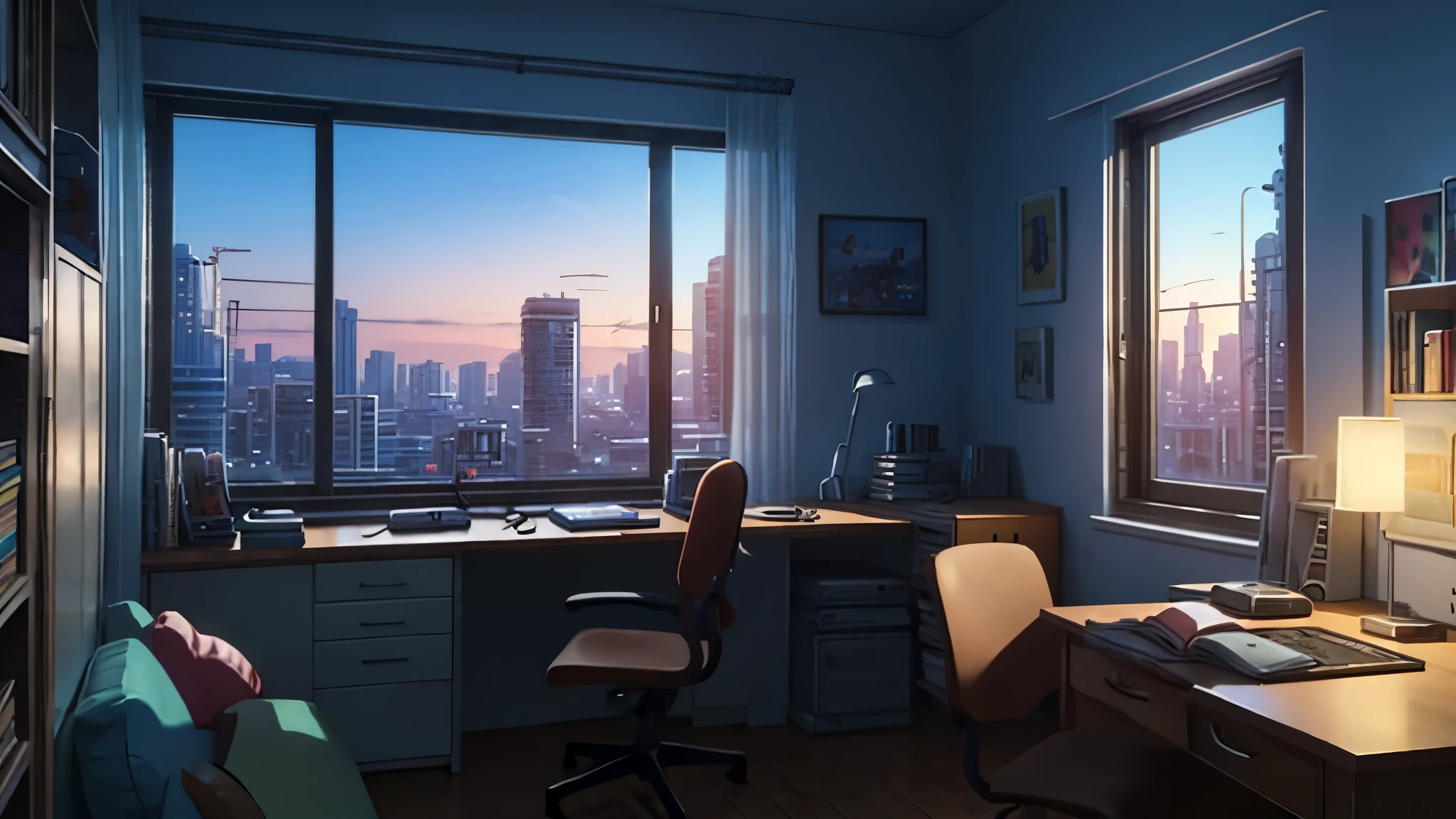 3D-Animation, filmisches Standbild eines gemütlichen Zimmers, große Fenster mit Blick auf die Stadt bei Nacht, Mond mit Haube, melancholisch, traurige Stimmung, Das Bett ist ungemacht, computer desk, vollgestopft mit unpassenden Möbeln, Die Poster im Otaku-Stil an den Wänden und die Gitarre in der Ecke,im Stil von Pixar, Disney, Dampfwelle, Mädchen mit Kopfhörern am Schreibtisch
