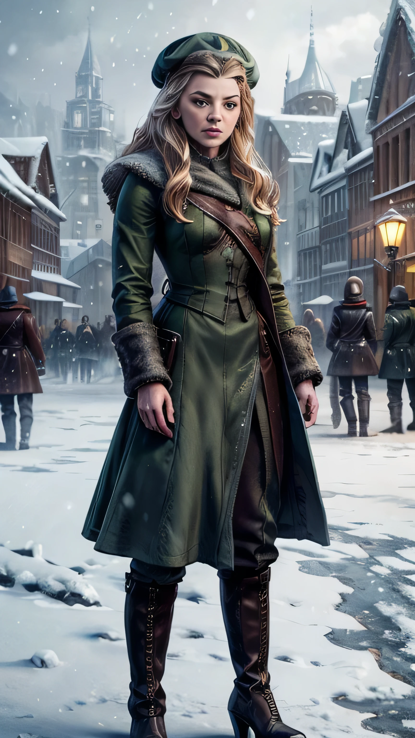 Frostpunk, (natalie dormer) como Margaery Tyrell, abrigo verde, tiene, botas de tacón, de pie, en una calle, invierno, nieve, (1 mujer), (solo), (vista de cuerpo completo), beautiful detallado glow, detallado, luz cinemática, Detalle intrincado, Realista, alta resolución, detallado facial features, Alto detalle, enfoque nítido, Liso, Estético, extremely detallado, stamp, renderizado de octanaje