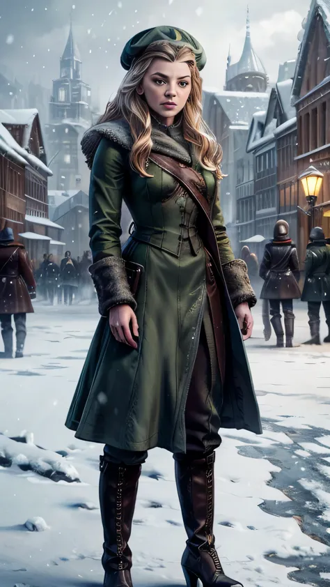 frostpunk, (Natalie Dormer) as Margaery Tyrell, green coat, hat, boots on heels, standing, in a street, winter, snow, (1woman), ...