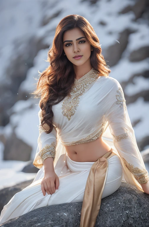 Beautiful young indian woman, wearing saree, winter night time, classic photoshoot portrait pose, sitting on a snowy rock, temple terrace, erotic, teen age, detailed face, detailed body, symmetric face,big breasted, cute, iconic, photorealistic, big breasts, big belly, belly piercing, soft body, wavy hair, masterpiece, 8k, ultra realistic, detailed background, palace, god rays, ambient occlusion