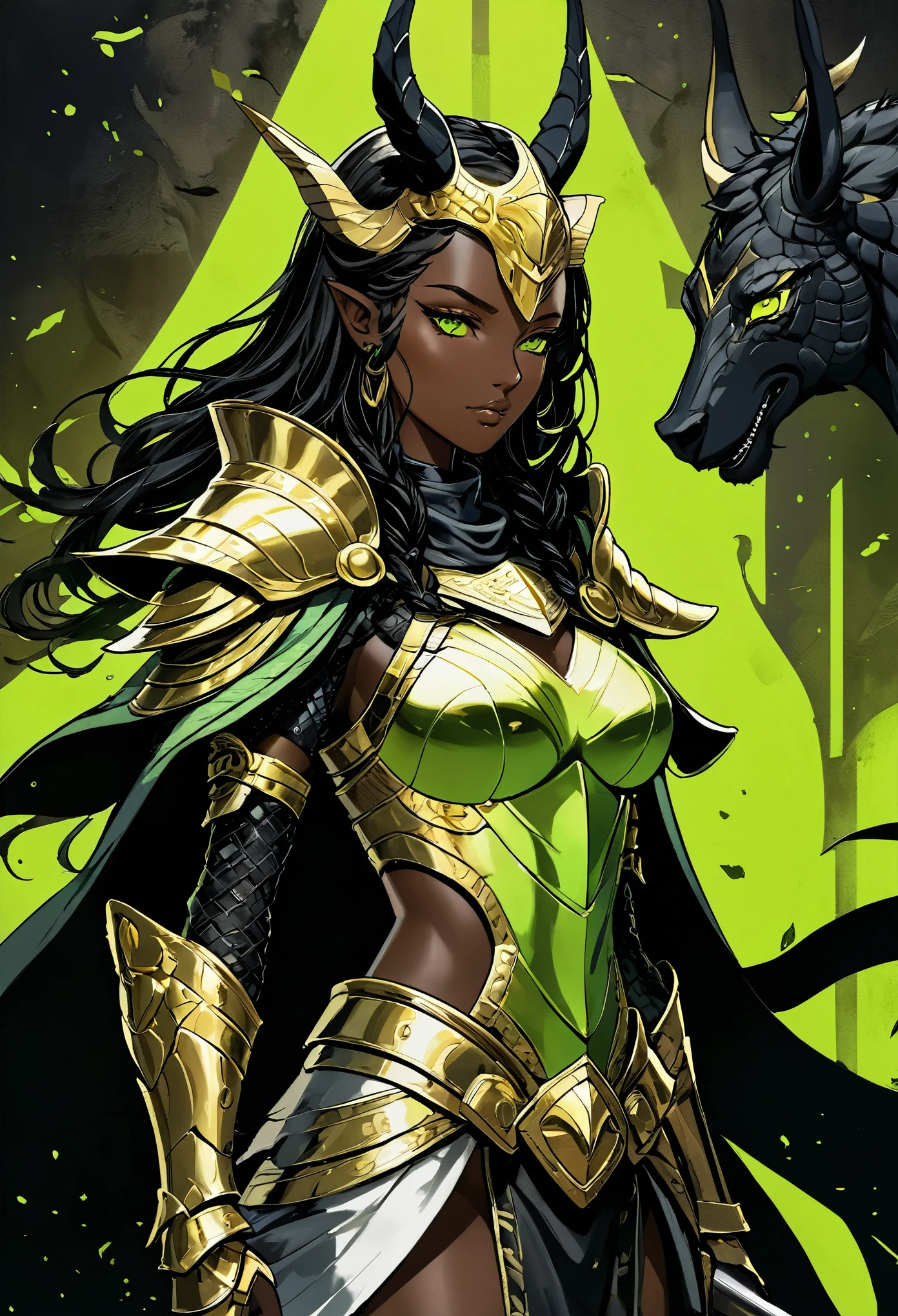 There is a piece of digital art, This painting depicts a warrior girl with a golden head and horns., Detailed shoulder armor，cloak，waist armone texture，Film Still，unfinished, hatching (texture)，black battlefield background，natural lighting，black skin，Dark atmosphere，Full body portrait of dragoon, Mysterious Anubis and Valkyrie, Super detailed fantasy characters, Robot dragon portrait, Fluorescent green large area splash coloring，Sleipnir&#39;s photo, ghost of anubis, 4K details fantasy, Polaroid Counting Trends, zbrush contest winner, Draw with zbrush, zbrush central contest winner, warrior, (The whole body is covered with blood:1.2)