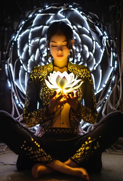 full body photography of girl in lotus pose，raw, filming, (be focused:1.5), (reality:1.4), dusk lighting, volumetric lighting, u...