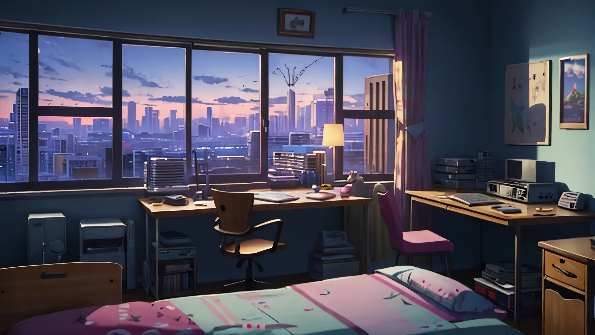 3D-Animation, filmisches Standbild eines gemütlichen Zimmers, große Fenster mit Blick auf die Stadt bei Nacht, Mond mit Haube, melancholisch, traurige Stimmung, Das Bett ist ungemacht, computer desk, vollgestopft mit unpassenden Möbeln, Die Poster im Otaku-Stil an den Wänden und die Gitarre in der Ecke,im Stil von Pixar, Disney, Dampfwelle, Mädchen mit Kopfhörern am Schreibtisch