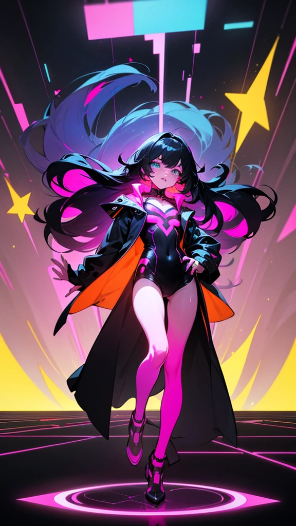 ((best quality)), ((masterpiece)), (detailed), perfect face. girl on a neon futuristic rhythm game floor. bright neon colors. She has black hair fading into a dark blue. she has small stars all over her hair. her eyes are bright warm colors. She is coming at the screen. she is wearing a neon trench coat. her face is leaning into the screen.