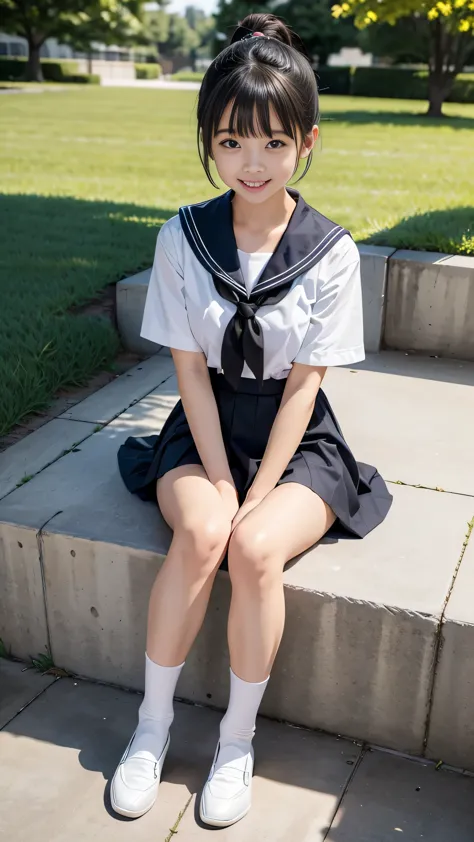 In the best quality、Japanese、Teenage girl standing outdoors、ponytail、Scrunchie、Perfect Anatomy、Correct limbs、High resolution、Beautiful details、Quiet atmosphere。(((Black Bob Hair)))、Cute Smile、Laughter、Big Eyes、Long eyelashes、Torn white short-sleeved sailor...