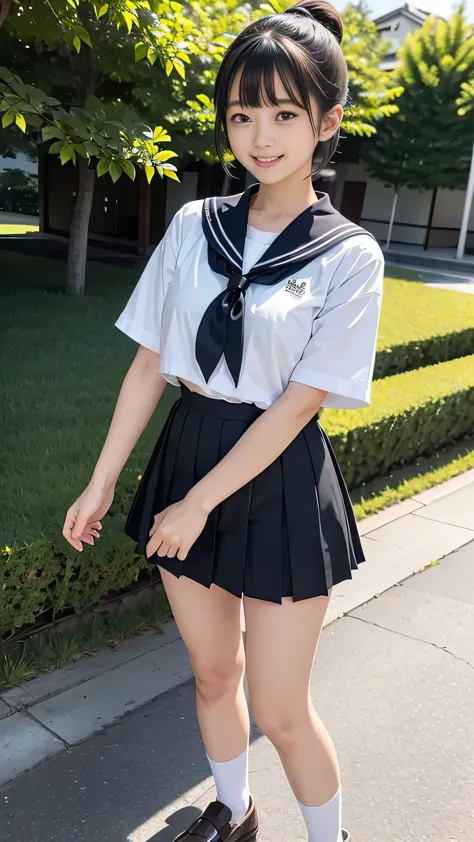 In the best quality、Japanese、Teenage girl standing outdoors、ponytail、Scrunchie、Perfect Anatomy、Correct limbs、High resolution、Beautiful details、Quiet atmosphere。(((Black Bob Hair)))、Cute Smile、Laughter、Big Eyes、Long eyelashes、Torn white short-sleeved sailor...