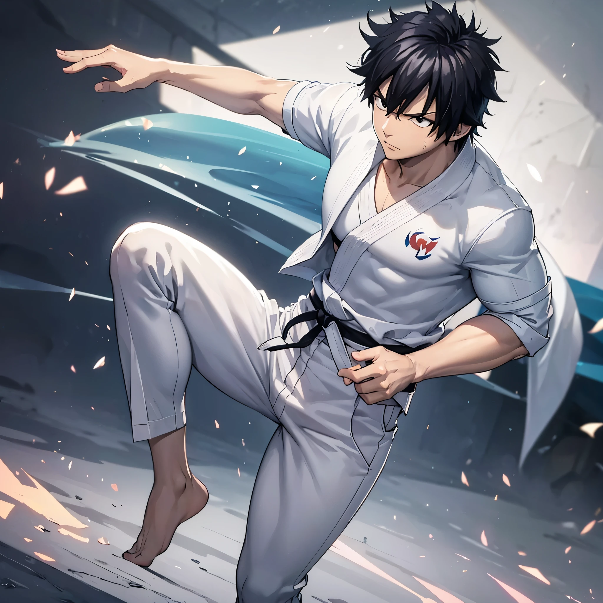 A man wearing white karate uniform, white pants, black belt around waist, in karate stance, serious face, black hair, black eyes, in a dojo, standing, full body, muscular, cast shadow, atmospheric perspective, flourish, 8k, super detail, accurate, best quality, UHD, anatomically correct, textured skin, high quality, high resolution, best quality (man solo)
