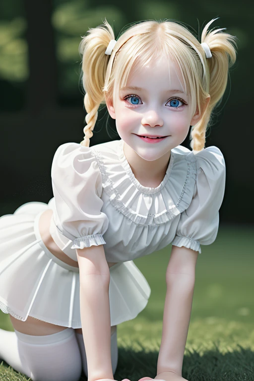 ,6-year-old girl,playful pose,dynamic pose,all fours,transparent white blouse,short black skirt,white stockings,blonde hair,cute pigtails,beautiful detailed eyes,long eyelashes,bright smile,innocence,fair skin,soft shadows,dreamlike,serene landscape,concept artist's imagination,ultra-fine painting,physically-based rendering