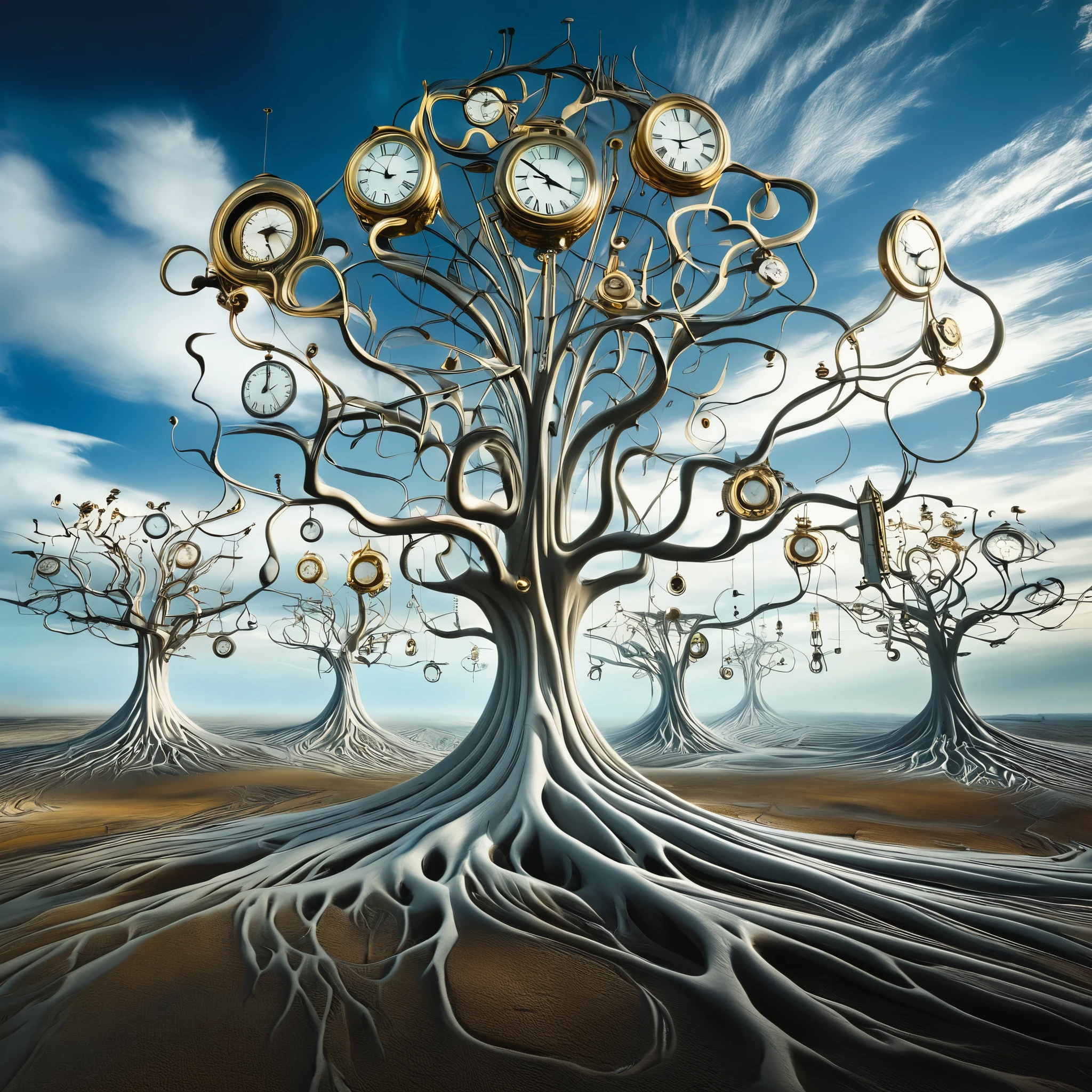 超现实主义, 萨尔瓦多达利风格的风景画，融化的时钟悬挂在光秃秃的树木上，漂浮在广阔的, 无尽的天空. 时钟代表时间的循环性, 它们的扭曲形状象征着感知的流动性.