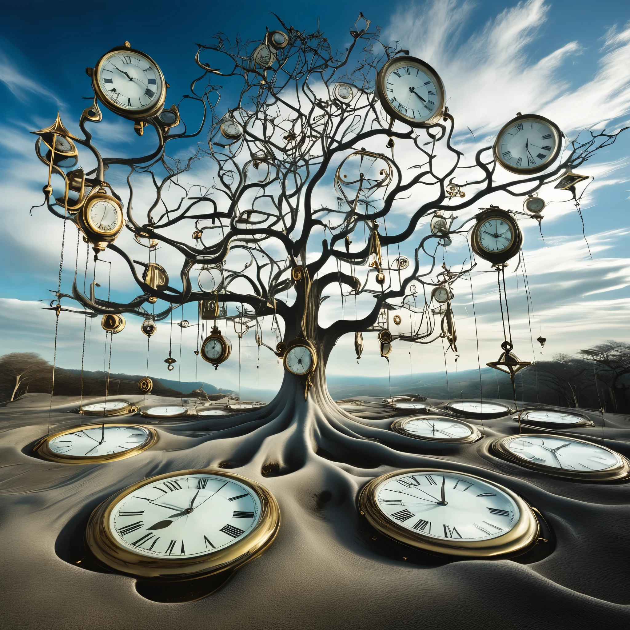 un surréaliste, Paysage inspiré de Salvador Dali avec des horloges fondantes drapées sur des arbres dénudés et flottant dans un vaste, Ciel sans fin. Les horloges représentent la nature cyclique du temps, avec leurs formes déformées symbolisant la fluidité de la perception.