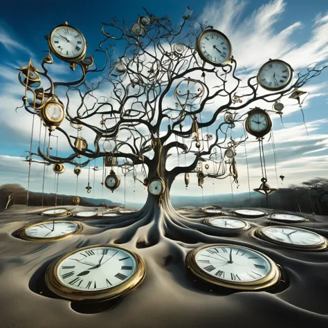 A surreal, Salvador Dali-inspired landscape with melting clocks draped over barren trees and floating in a vast, endless sky. Th...