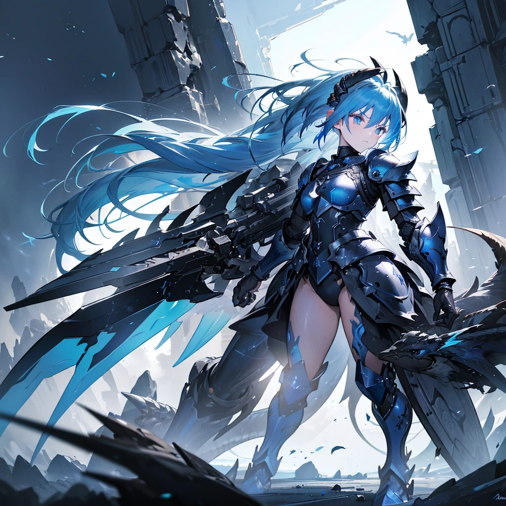 ((high resolution　Blue Hair　long髪　Black Armor　Dragon Knight　thunder　Lonely　despair))　((night　Western style　chest　Shining Aura　gloves))　(Big feather　Dance　Blade of Light　Holding a spear　long　Slashing)　night　thunder　star　Slashing　Catch the wind　