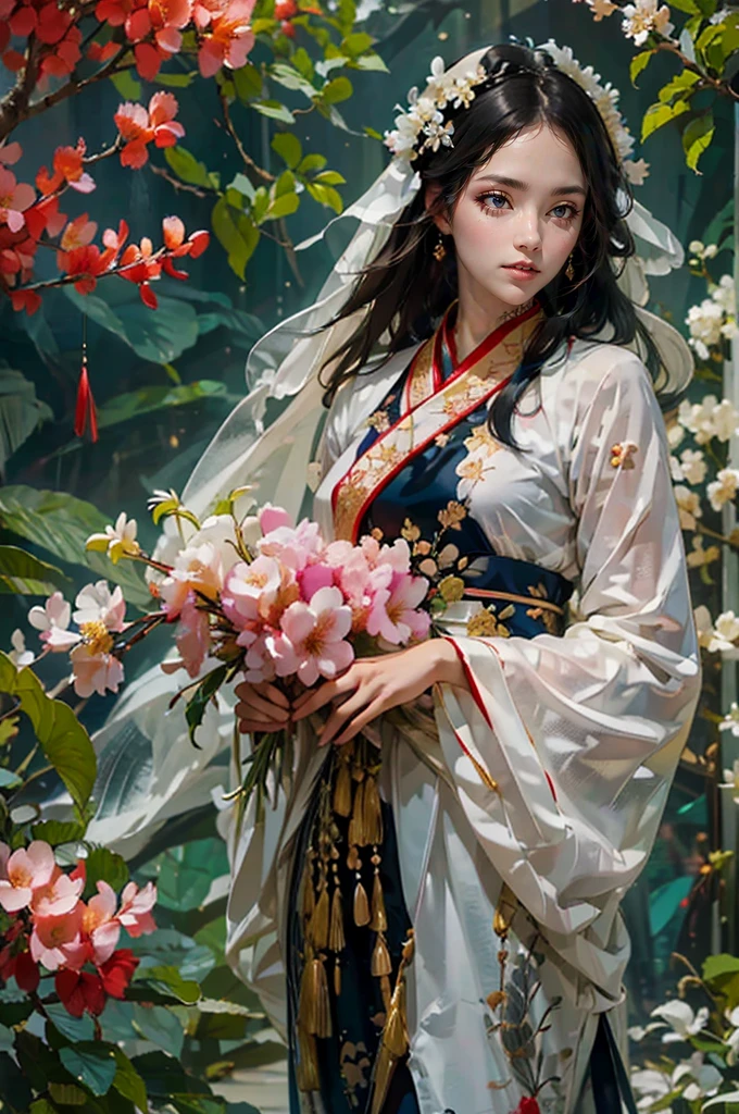 GFAhri，,beautiful detailed eyes,beautiful detailed lips,extremely detailed eyes and face,long eyelashes,traditional hanfu dress flowing elegantly,delicate embroidery,soft pastel colors,gorgeous hair accessories,serene expression,standing gracefully in a blooming garden,with cherry blossoms falling gently around her,soft sunlight casting a warm glow on her,like a painting coming to life,(best quality,photorealistic),vibrant colors,crisp details,impeccable realistic rendering,rich texture and depth,studio lighting,bokeh effects.ezh