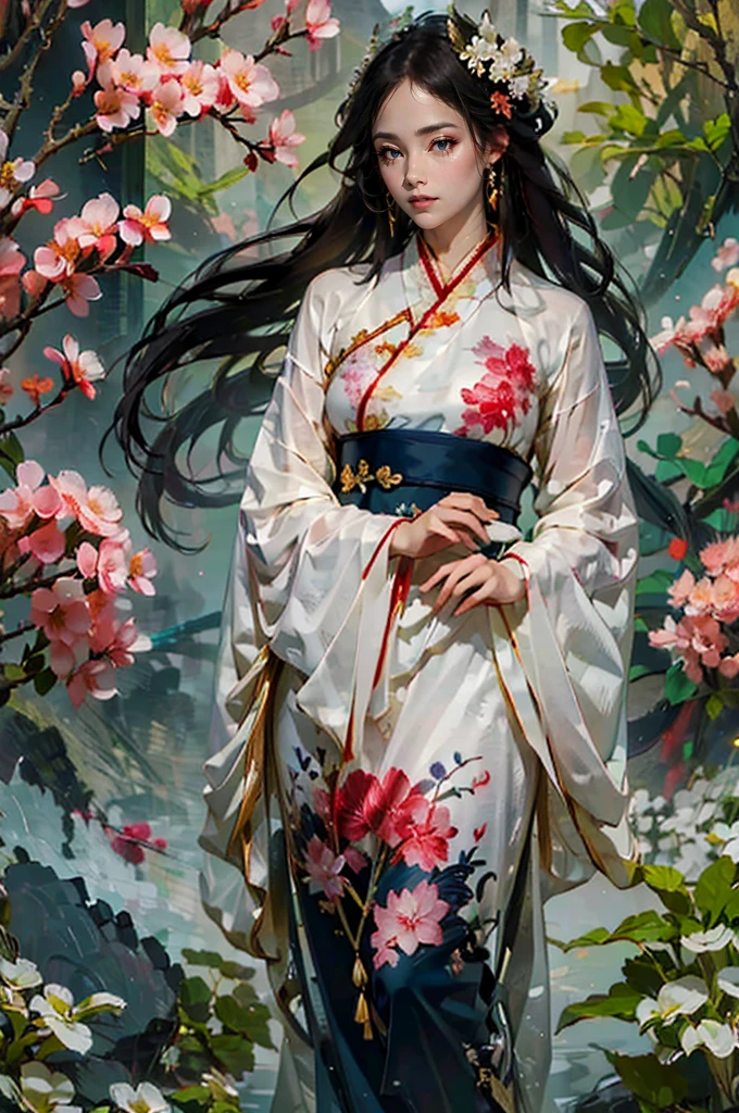 GFAhri，,beautiful detailed eyes,beautiful detailed lips,extremely detailed eyes and face,long eyelashes,traditional hanfu dress flowing elegantly,delicate embroidery,soft pastel colors,gorgeous hair accessories,serene expression,standing gracefully in a blooming garden,with cherry blossoms falling gently around her,soft sunlight casting a warm glow on her,like a painting coming to life,(best quality,photorealistic),vibrant colors,crisp details,impeccable realistic rendering,rich texture and depth,studio lighting,bokeh effects.ezh