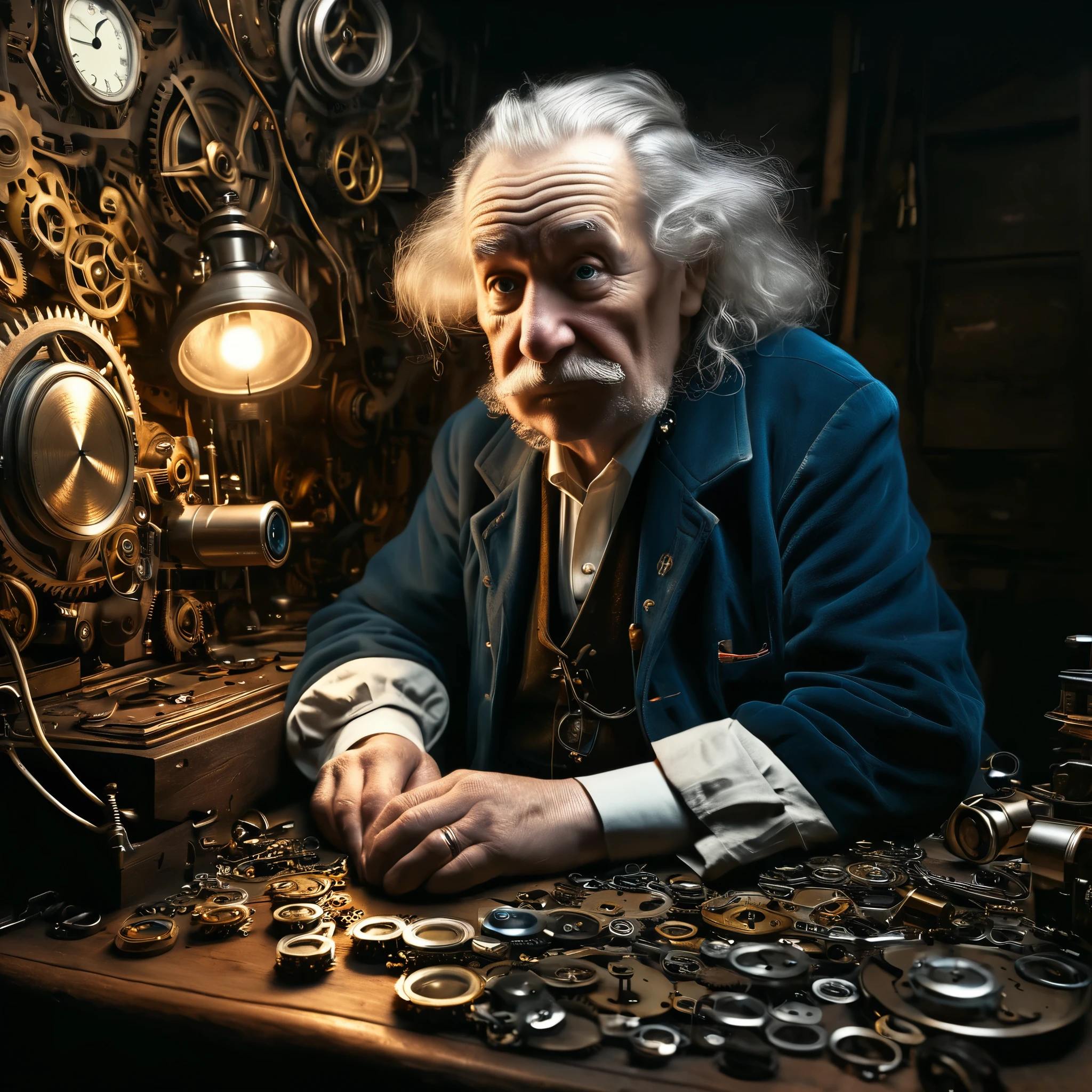 A photorealistic portrait of an elderly watchmaker, in the style of Rembrandt, hunched over a workbench filled with gears, springs, and half-finished timepieces. The warm, dimly lit scene conveys a sense of nostalgia and the relentless passage of time.