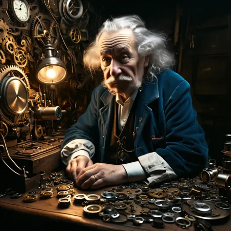 A photorealistic portrait of an elderly watchmaker, in the style of Rembrandt, hunched over a workbench filled with gears, sprin...
