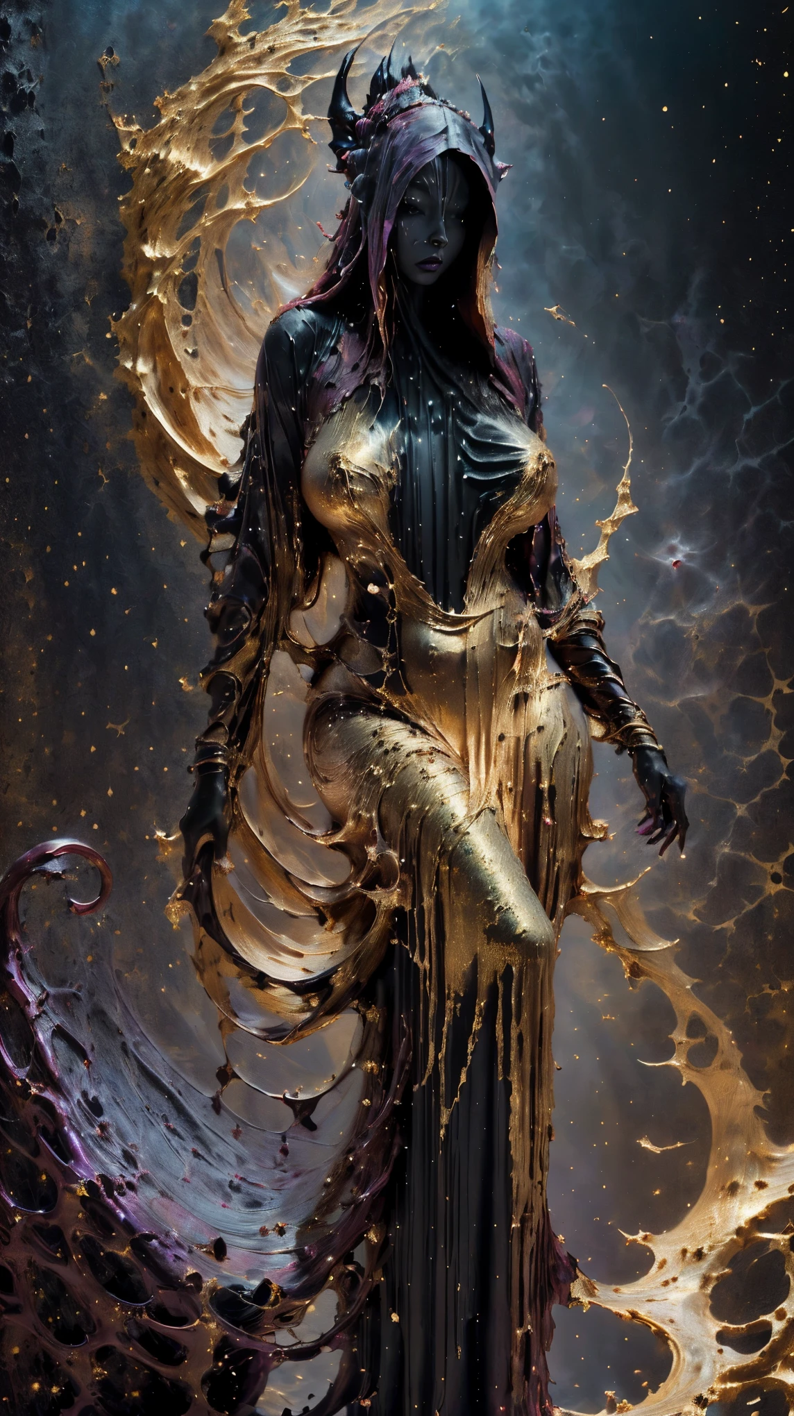 (body formed by galactic liquid mauevine and black metallic paint twisting into a beautiful interpretation of the female figure), au naturel,((complex galactic metallic colours in the foreground)), (( fluid mechanics, the loveliest smooth scale face makeup, smirky expression)) - red, black and gold, onyxia, metallic color palette g0s1，ezh，black flowers