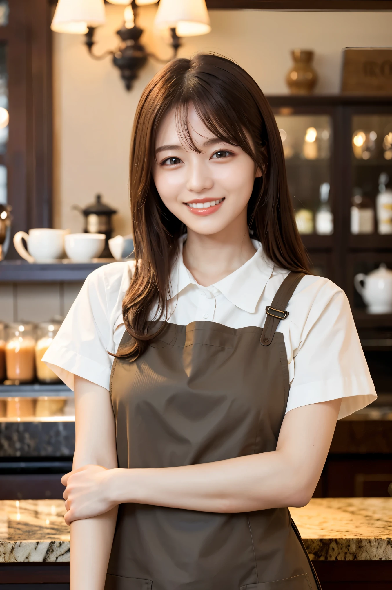 (highest quality、Tabletop、8k、Best image quality、Award-winning works)、Woman working in a café、(The perfect brown apron:1.1)、(The perfect brown apron:1.1)、(Wide々She stands elegantly in a drab cafe.:1.3)、(A classy shirt and apron:1.1)、(Big Breasts:1.1)、(Accentuate your body lines:1.1)、Beautiful woman portrait、The most elegant and cozy cafe、The most natural cafe, Perfectly organized、The most atmospheric and warm lighting、Stylish and elegant cafe、Strongly blurred background、Look at me and smile、(Accurate anatomy:1.2)、Ultra high resolution perfect beautiful teeth、Ultra-high definition beauty face、Ultra HD Hair、Ultra HD The Shining Eyes、The Shining, Super high quality beautiful skin、Super high quality glossy lip