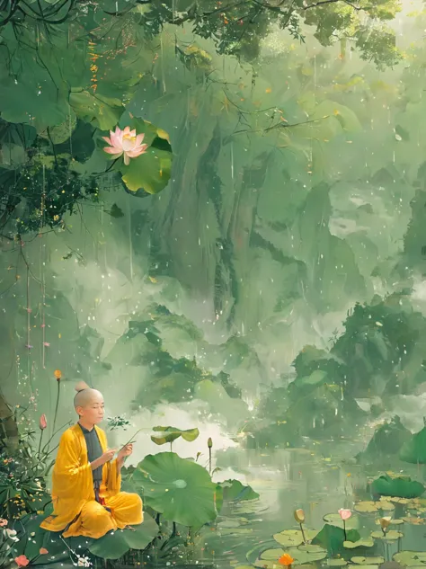 Sensible, Elderly monk sitting in lotus position, Suspended on a mossy stone, Surrounded by a floating lotus, In an old forest w...